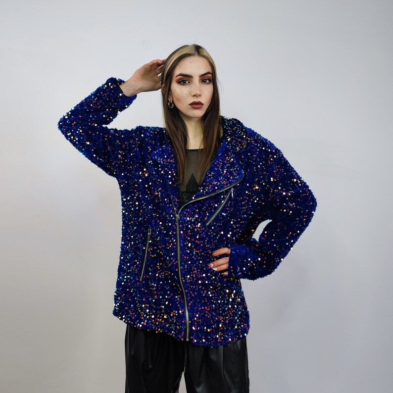 Sequin Biker Jacket Purple Blue Glitter Bomber Sparkle Night Club Coat ...