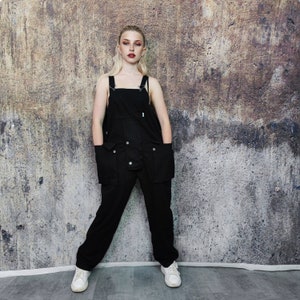 Cargo pocket dungarees work wear denim overalls skater rompers utility playsuit in black