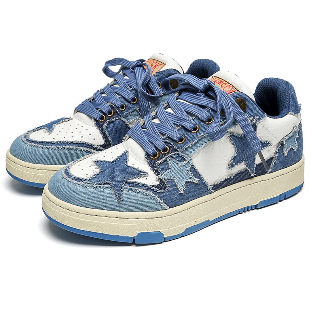 Denim Patch Sneakers Stars Applique Classic Trainers Jeans Skater Shoes