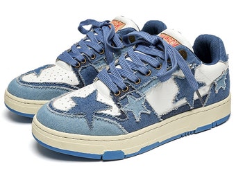 Denim patch sneakers met sterrenappliqué klassieke sneakers jeans skaterschoenen retro dikke hoge tops in blauw wit