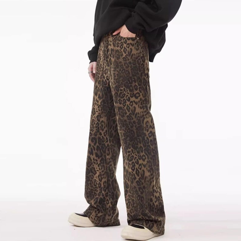 Leopard jeans unisex animal print denim trousers cheetah pants tiger spot pants flared joggers in brown