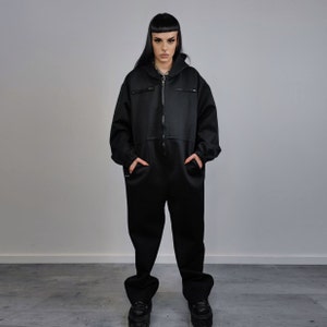 Hooded utility boilersuit workwear coveralls zip up racing jumpsuit cyber punk dungarees going out one-piece suit catwalk smock in black