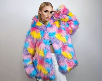 Hooded marshmallow faux fur jacket unicorn coat raver bomber fluffy tie-dye fleece rainbow festival bomber burning man going out trench pink