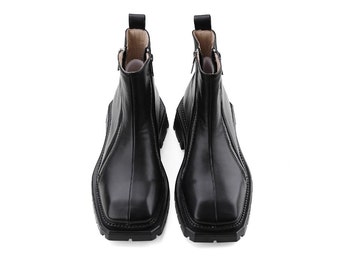 Square toe ankle boots high fashion platform shoes edgy faux leather catwalk shoes fashion week chunky boots extreme zipper shoes in black