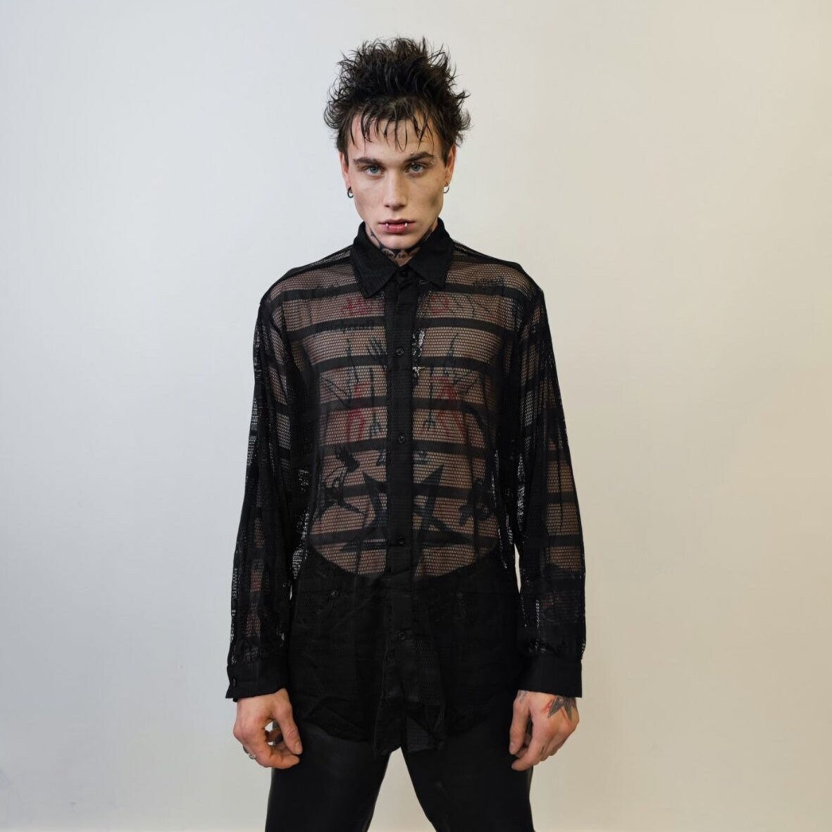 Mesh Shirt Outfit Long Sleeve,black Men's Sheer Shirt, Black