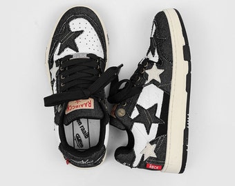 Denim patch sneakers stars applique classic trainers jeans skater shoes retro chunky high tops in black white