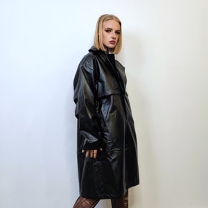 Mid length faux leather coat PU utility trench jacket gorpcore raver varsity going out rubbery high fashion puffer in black