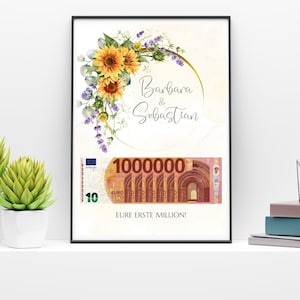 Sonnenblume Geldgeschenk Hochzeitskarte, Deine erste Million, personalisierte Karte, DIY, Hochzeitsgeschenke Geld, Digitales Canva Template, Last min Geschenk