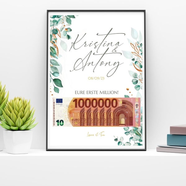 Greenery money gift wedding card, Your first million, Personalized DIY card, wedding gifts money,  Digital Canva template, Last minute gift