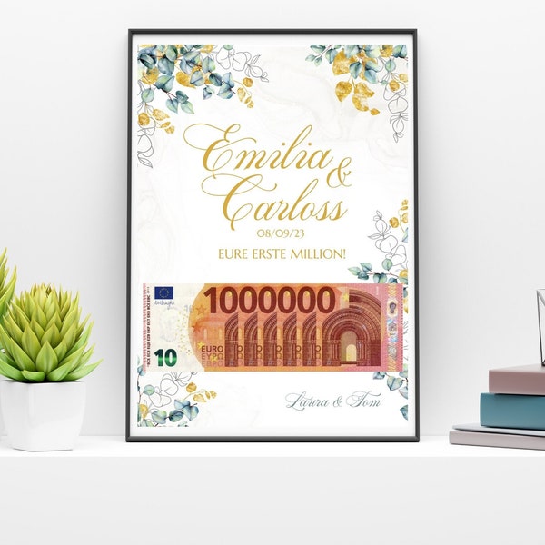 Gold greenery money gift wedding card, Your first million, Personalized DIY card, wedding gift money,  Digital Canva template, Last min gift