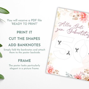 May include: A printable 50th birthday card with a floral design. The card has a cut-out design for adding money. The text on the card reads "Alles Gute zum Geburtstag!"