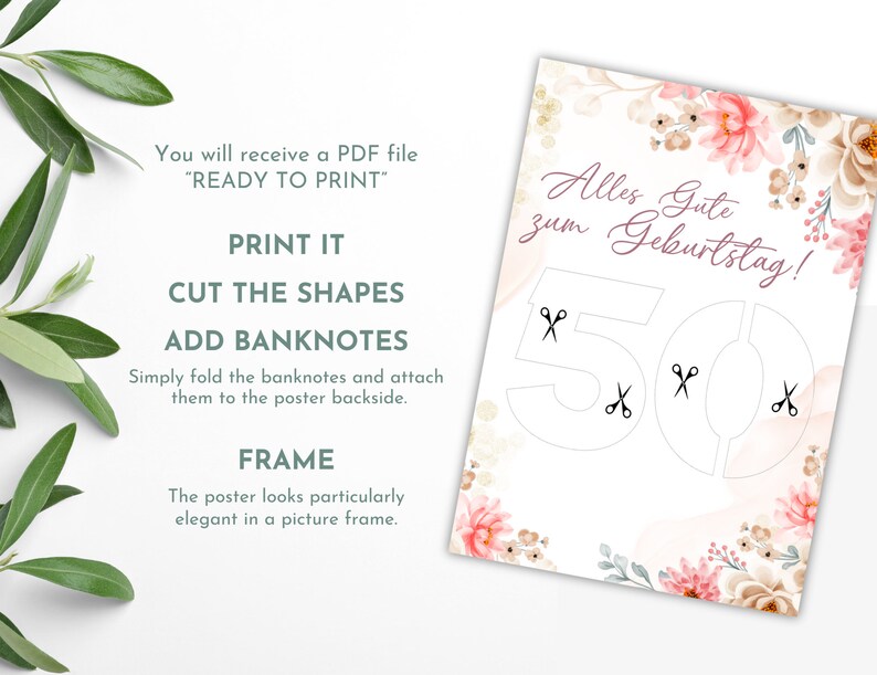 May include: A printable 50th birthday card with a floral design. The card has a cut-out design for adding money. The text on the card reads "Alles Gute zum Geburtstag!"