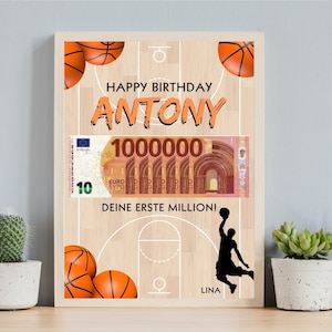 Carte-cadeau en argent pour l'anniversaire d'un joueur de basket-ball, cadeau DIY pour un anniversaire, premier million de cadeaux en espèces, modèle Digital Canvas, cadeau de dernière minute,