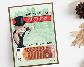 Carte-cadeau d'argent d'anniversaire Monopoly, cadeau de bricolage pour l'anniversaire, cadeau en espèces Votre premier million, modèle d'affiche numérique Canva, cadeau de dernière minute