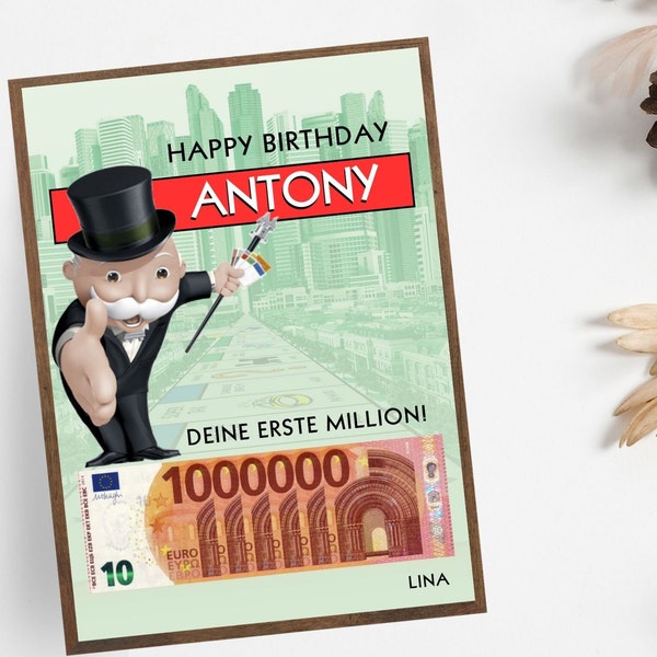 Monopoly Birthday money gift card, DIY present for birthday, Cash gift Your first million, Poster Digital Canva template, Last minute gift