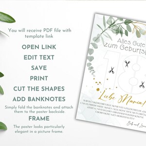 May include: A printable 18th birthday poster with a green and gold watercolor background. The number 18 is cut out and has three scissor shapes for adding money. The text says "Alles Gute zum Geburtstag!" and "Liebe Maria!"