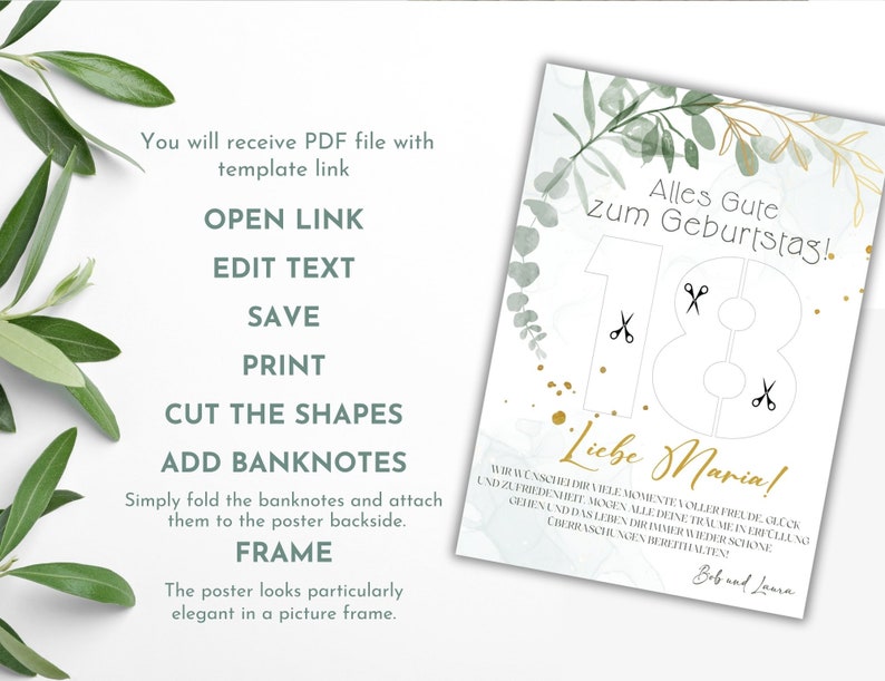 May include: A printable 18th birthday poster with a green and gold watercolor background. The number 18 is cut out and has three scissor shapes for adding money. The text says "Alles Gute zum Geburtstag!" and "Liebe Maria!"