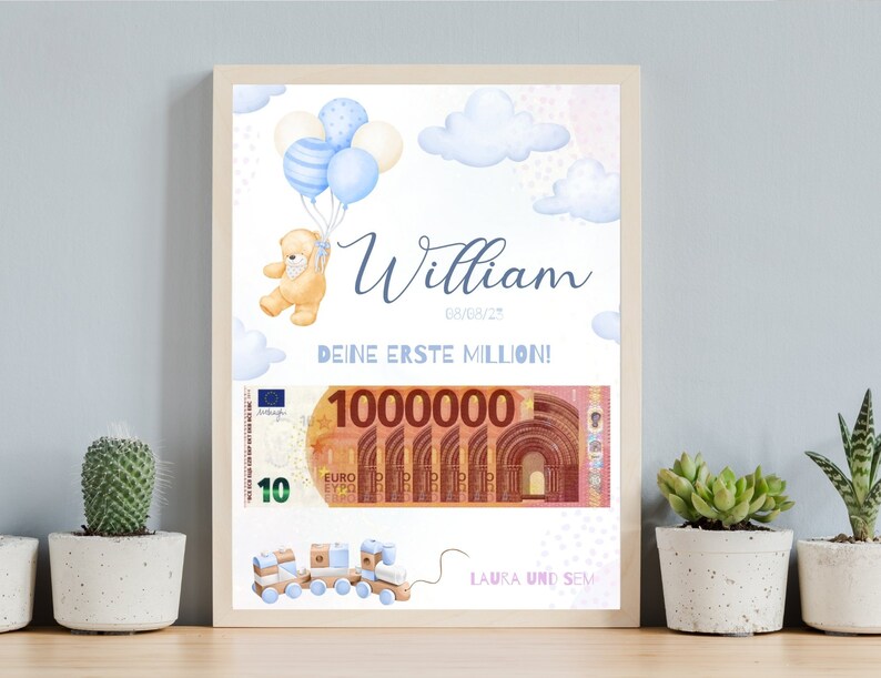 Op de afbeelding: Een lichtblauwe en witte babyshowerkaart met een teddybeer die ballonnen vasthoudt. De kaart zegt "William" en "Deine erste Million!" met een groot biljet van 1000000 euro op de achtergrond.
