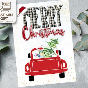 May include: A red truck with a Christmas tree in the back. The tree is decorated with money. The truck is on a white background with gold polka dots. The text "Merry Christmas" is written in black and white plaid letters with a red Santa hat on top of the "M".