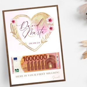 Geldcadeau bruiloft, je eerste miljoen, cadeau paar miljoen, gepersonaliseerd, doe-het-zelf, huwelijkscadeaus geld, digitale canva-sjabloon, lastminute cadeau