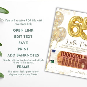 Op de afbeelding: Een verjaardagsaffiche met gouden folieballonnen die het getal "65" vormen en de tekst "Liebe Maria!". De poster bevat een afbeelding van een 10 euro biljet en de tekst "1000000".