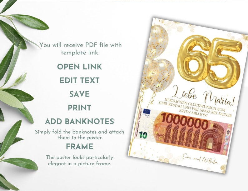 Op de afbeelding: Een verjaardagsaffiche met gouden folieballonnen die het getal "65" vormen en de tekst "Liebe Maria!". De poster bevat een afbeelding van een 10 euro biljet en de tekst "1000000".
