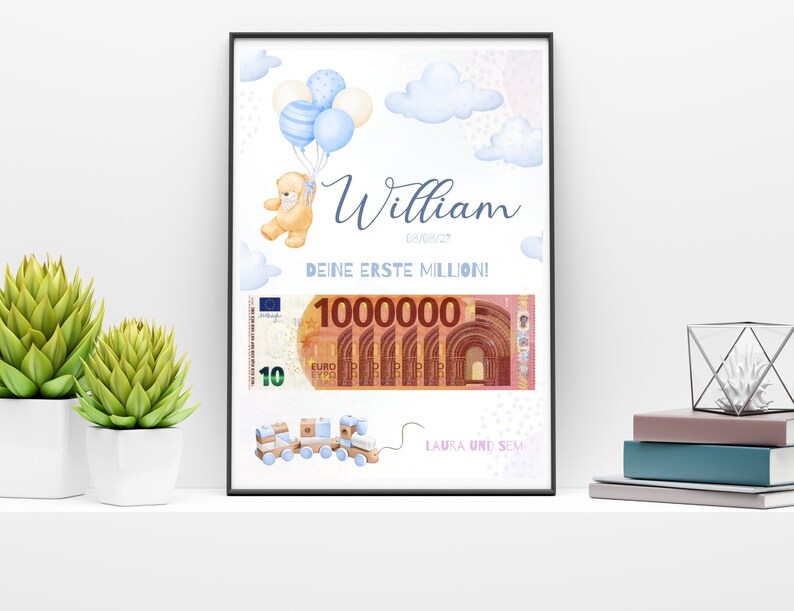 Op de afbeelding: Een blauwe en witte babyshower-cadeaukaart met een teddybeer die ballonnen vasthoudt, een briefje van 10 euro en een speelgoedtrein. De kaart zegt "William 03/08/22 Deine erste Million!" en "Laura und Sem".