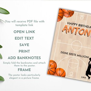 Puede incluir: Una tarjeta de cumplea&ntilde;os imprimible con una cancha de baloncesto con una silueta de jugador de baloncesto y el texto "Happy Birthday Antony Deine Erste Million! Lina".