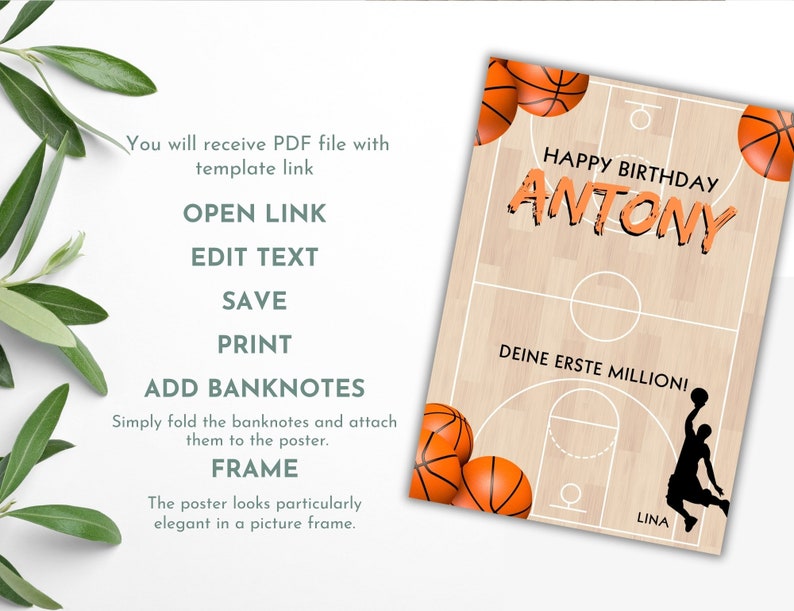 Puede incluir: Una tarjeta de cumplea&ntilde;os imprimible con una cancha de baloncesto con una silueta de jugador de baloncesto y el texto "Happy Birthday Antony Deine Erste Million! Lina".
