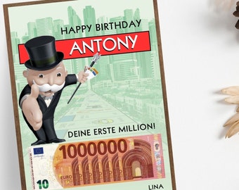 Monopoly Geldcadeaukaart verjaardag, doe-het-zelfcadeau voor verjaardag, geldcadeau Your first million, poster digitaal canvasjabloon, lastminutecadeau