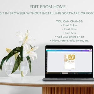 K&ouml;nnte beinhalten: Ein Laptop-Bildschirm zeigt ein 50. Geburtstags-Einladungsdesign mit goldenen Ballons und dem Text "50. Geburtstag". Das Design wird in Canva, einer Grafikdesign-Plattform, bearbeitet. Der Text "Von zu Hause aus bearbeiten" und "Im Browser bearbeiten, ohne Software oder Schriftarten zu installieren" wird &uuml;ber dem Laptop angezeigt.