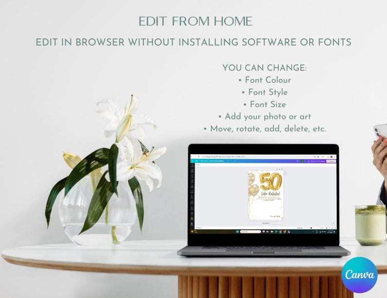 K&ouml;nnte beinhalten: Ein Laptop-Bildschirm zeigt ein 50. Geburtstags-Einladungsdesign mit goldenen Ballons und dem Text "50. Geburtstag". Das Design wird in Canva, einer Grafikdesign-Plattform, bearbeitet. Der Text "Von zu Hause aus bearbeiten" und "Im Browser bearbeiten, ohne Software oder Schriftarten zu installieren" wird &uuml;ber dem Laptop angezeigt.