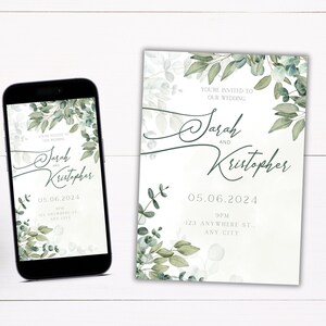 Greenery floral wedding invitation template, greenery pintable and electronic wedding invite, Digital invite, Editable template, Canva #020