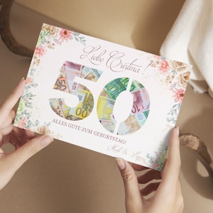 Personalisiertes Geldgeschenk zum 50. Jahr Geburtstag, Original Geburtstagsgeschenk, Digitale Canva Vorlage, Last min originelles Geldgeschenk, elegante b-day Karte