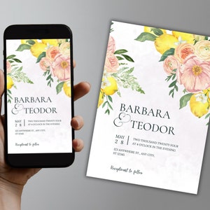 Lemon wedding invitation template, Lemon flower pintable and electronic wedding invite, Digital invitation, Italian wedding, Canva #033