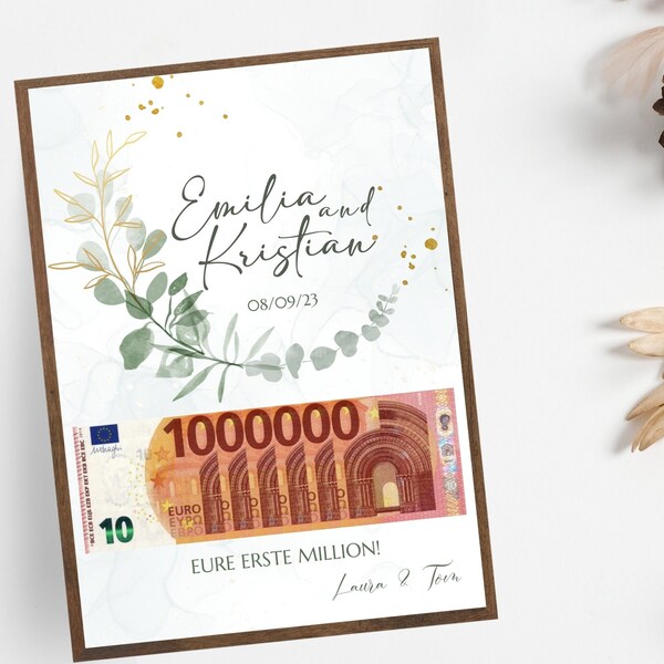 Greenery money gift wedding card, Your first million, Personalized card, DIY, wedding gifts money,  Digital Canva template, Last min gift