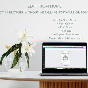 Op de afbeelding: Een laptopcomputer die een webpagina weergeeft met een ontwerptemplate voor een huwelijksuitnodiging. De template bevat een aquarelillustratie van een vogel die op een tak zit met de tekst "Save the Date" en een bloemmotief. De tekst "Edit from Home" en "Edit in Browser without Installing Software or Fonts" wordt boven de laptop weergegeven. De tekst "You Can Change: Font Colour, Font Style, Font Size, Add your photo or art, Move, rotate, add, delete, etc." wordt aan de rechterkant van de laptop weergegeven. De tekst "Canva" wordt weergegeven in een blauwe cirkel in de rechterbenedenhoek van de afbeelding.