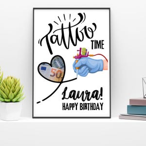 Tarjeta de regalo de dinero para tatuajes personalizada, tarjeta de regalo para salón de tatuajes, regalo de cumpleaños en efectivo personalizado, plantilla digital de Canva, recuerdo de tatuaje