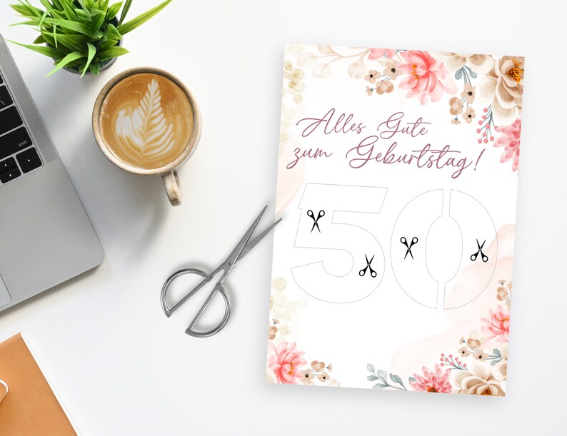 May include: A white card with a floral design and the text "Alles Gute zum Geburtstag!" with the number 50 in a cut-out design. Scissors are shown in the cut-out areas of the number 50.