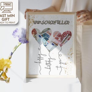 Cartão-presente de aniversário em dinheiro, Cartão-presente em dinheiro, Personalizado, Presente de aniversário em dinheiro, Modelo digital Canva, Lembrancinha de corações, Presente de última hora