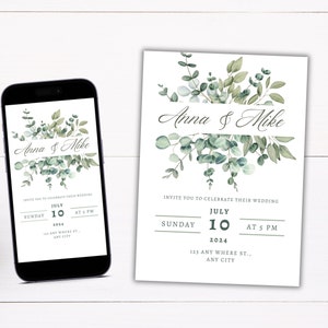 Greenery floral wedding invitation template, greenery pintable and electronic wedding invite, Digital invite, Editable template, Canva #022