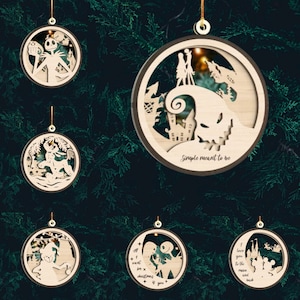 May include: Six wooden Christmas ornaments featuring characters and scenes from the movie The Nightmare Before Christmas. The ornaments are round and have a light brown color. The ornaments feature Jack Skellington, Sally, and other characters from the movie. The ornaments are decorated with intricate details and have a festive feel.