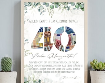 40e verjaardag, geldcadeau, gepersonaliseerde canvassjabloon (digitaal)