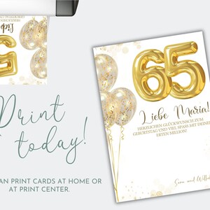 Op de afbeelding: Verjaardagskaart met een gouden ballonnummer 65. De kaart heeft de tekst "Liebe Maria!" en "Print today!" met gouden confetti ballonnen. De kaart is wit met gouden details.