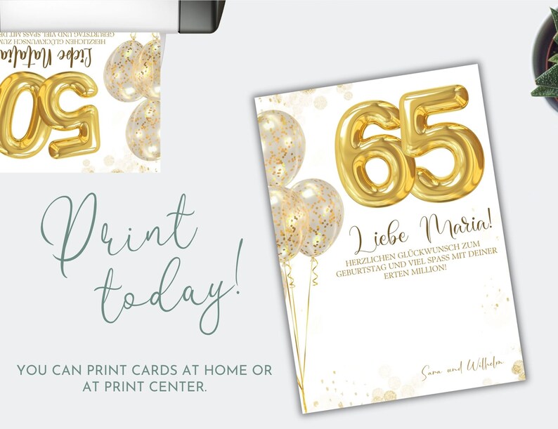 Op de afbeelding: Verjaardagskaart met een gouden ballonnummer 65. De kaart heeft de tekst "Liebe Maria!" en "Print today!" met gouden confetti ballonnen. De kaart is wit met gouden details.