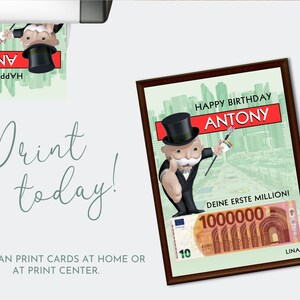 May include: A birthday card featuring a Monopoly Man character with a top hat and a money bill with the text "Happy Birthday Antony" and "Deine Erste Million!" (Your First Million!)