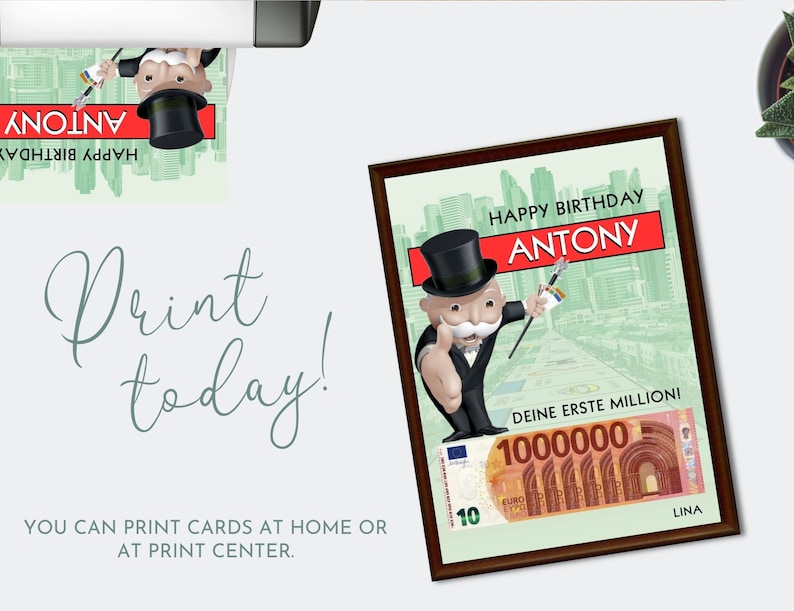 May include: A birthday card featuring a Monopoly Man character with a top hat and a money bill with the text "Happy Birthday Antony" and "Deine Erste Million!" (Your First Million!)