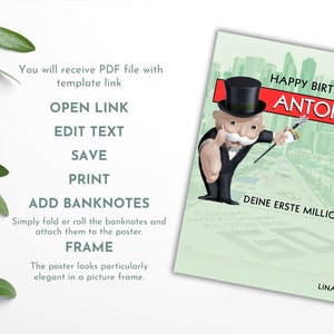 May include: A printable birthday card featuring a Monopoly Man character with a top hat and mustache. The card has a green background with a cityscape and the text "Happy Birthday Antony Deine Erste Million!"  The card is designed to be personalized with a name and can be printed and framed.