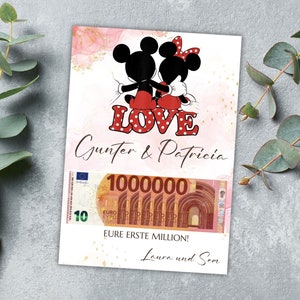 May include: A pink and white card with a cartoon image of Mickey and Minnie Mouse. The card says "LOVE" in red letters with white polka dots. The text below the image says "Gunter & Patricia" and "EURE ERSTE MILLION! Laura und Sem".