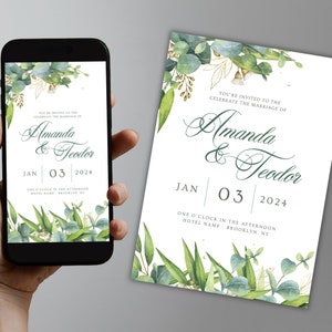 Greenery floral wedding invitation template, greenery pintable and electronic wedding invite, Digital invite, Editable template, Canva #006
